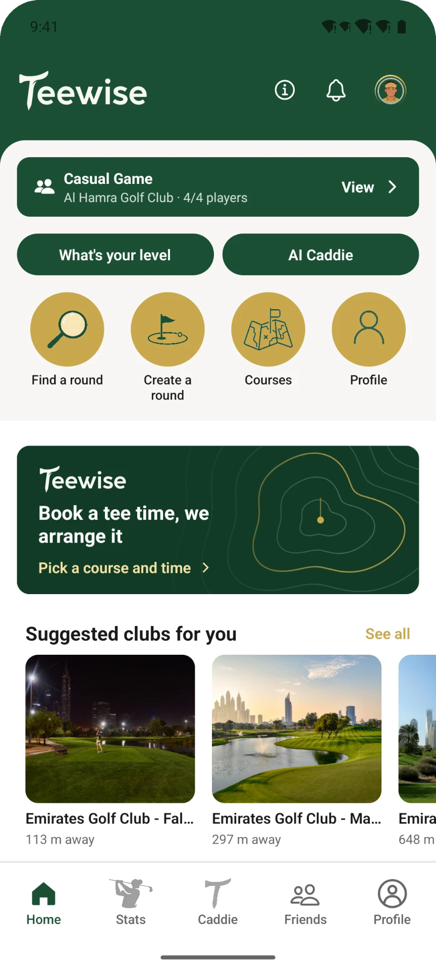 Teewise app home screen showing casual games, AI Caddie and suggested clubs