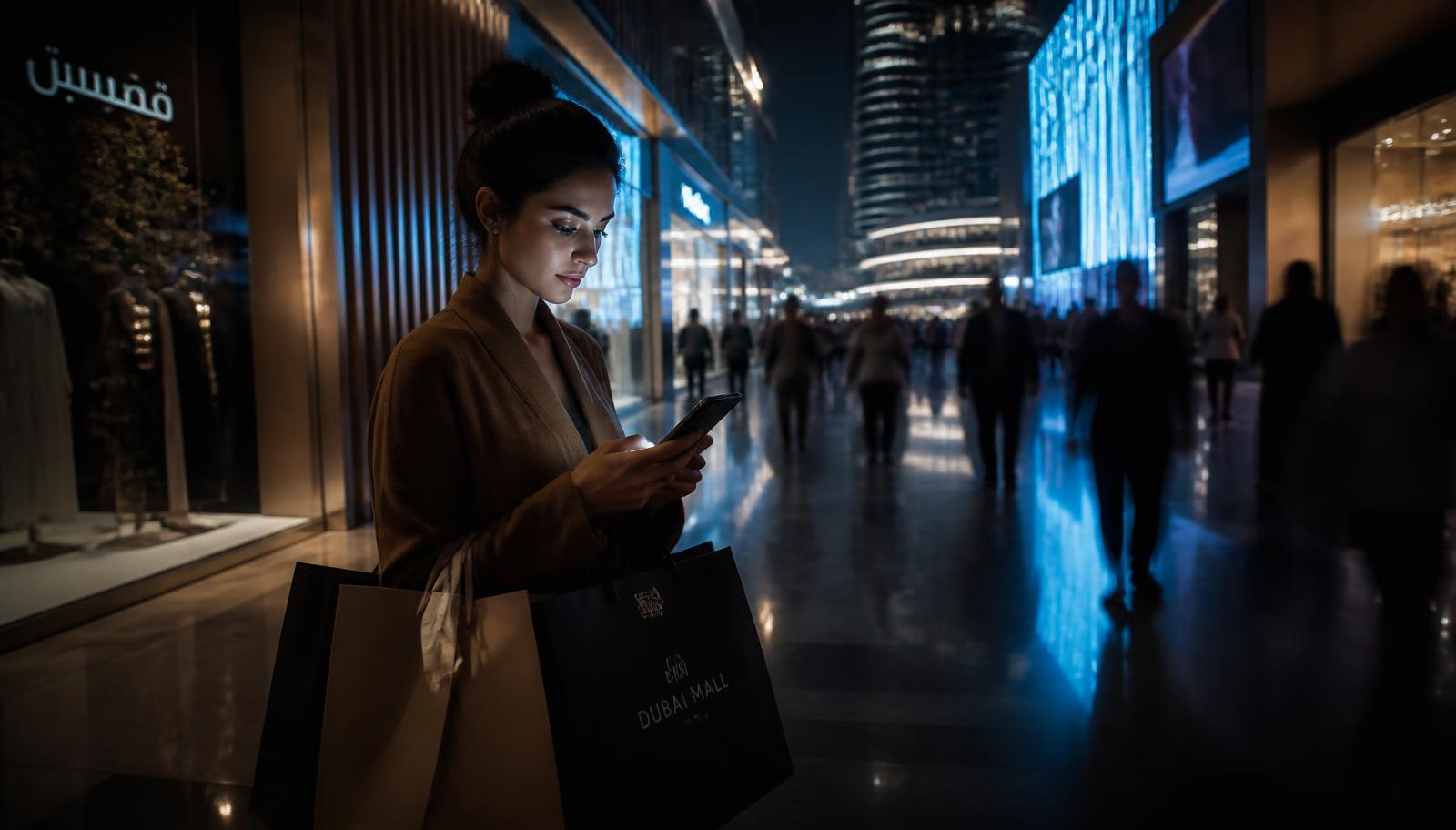 A shopper in Dubai researching a purchase on her phone at night