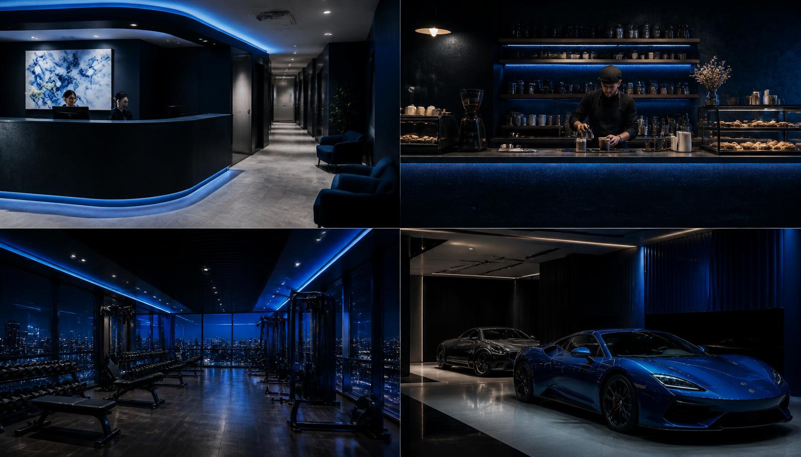 Composite of a clinic reception, a cafe counter, a gym floor and a car showroom